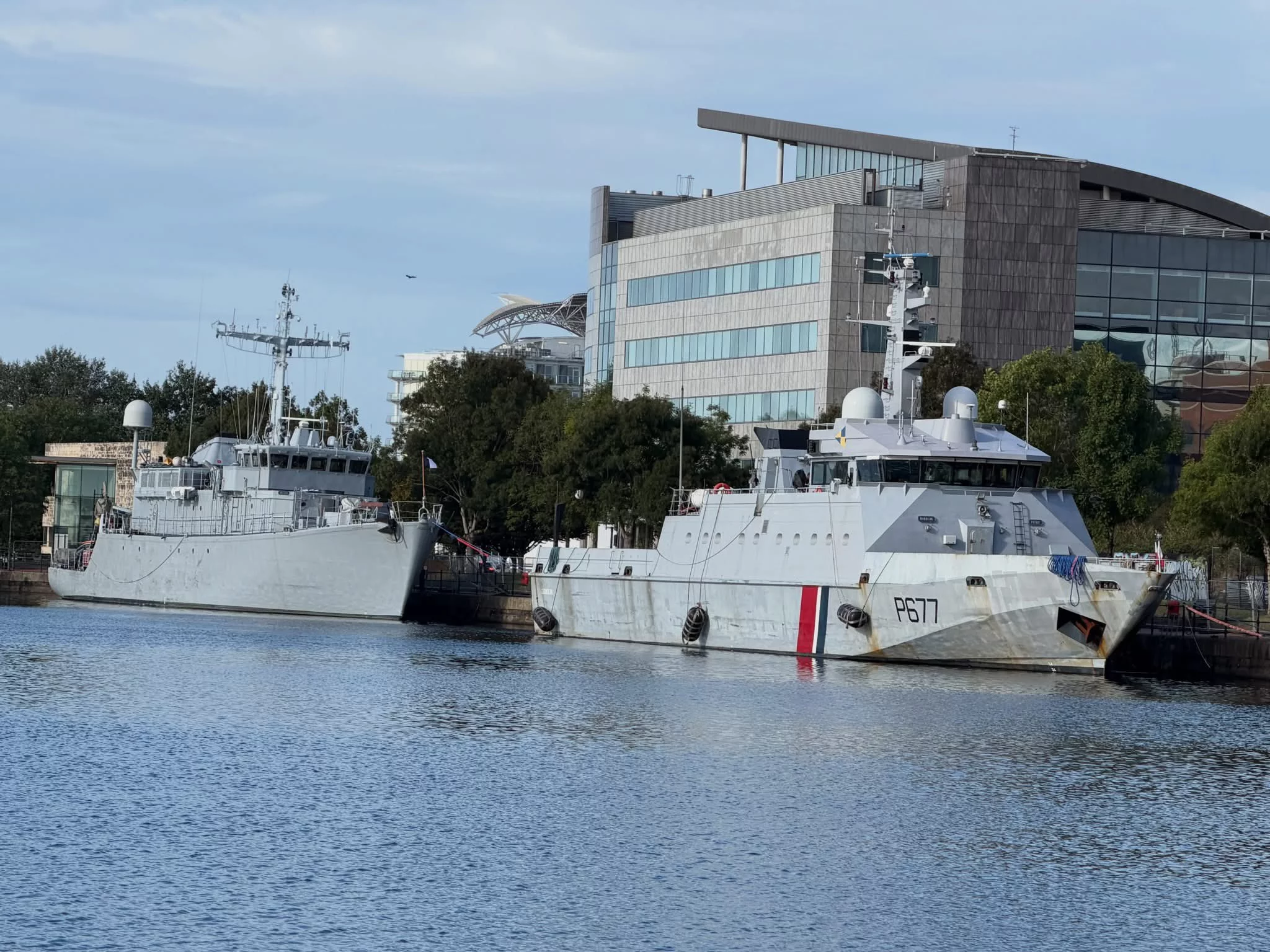 Le patrouilleur Cormoran et le chasseur de mines Croix du Sud dans le port de Cardiff